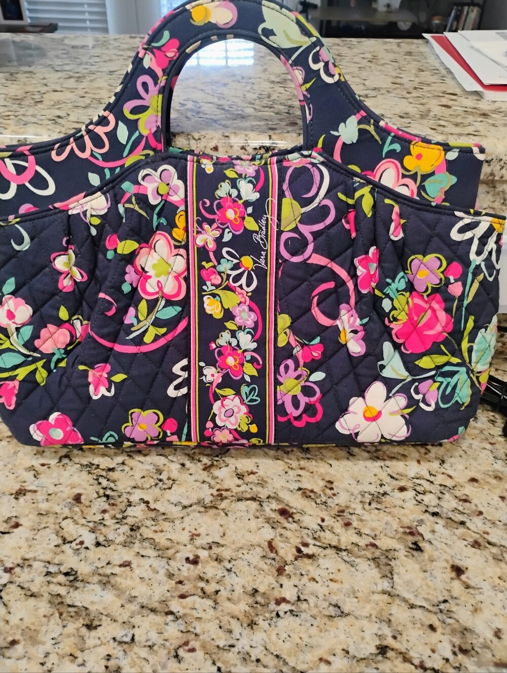 Quilted Floral Tote in Navy with Pink & Yellow Accents Breast Cancer Awareness